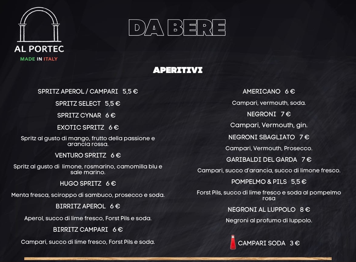 Menu AL PORTEC - sezione aperitivi zoomata