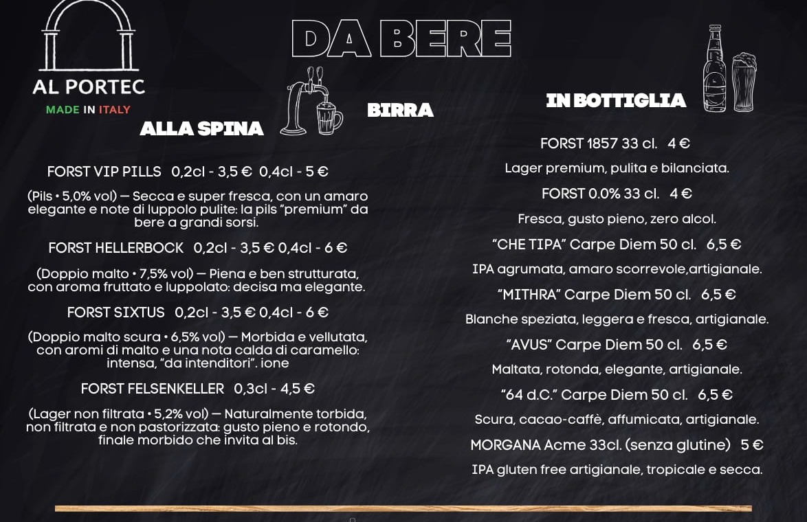 Menu AL PORTEC - sezione birre zoomata