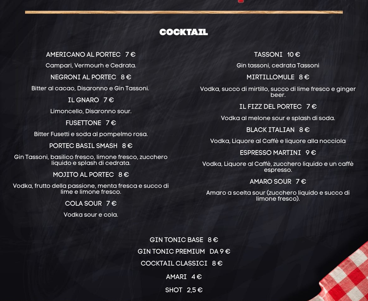 Menu AL PORTEC - sezione drink zoomata
