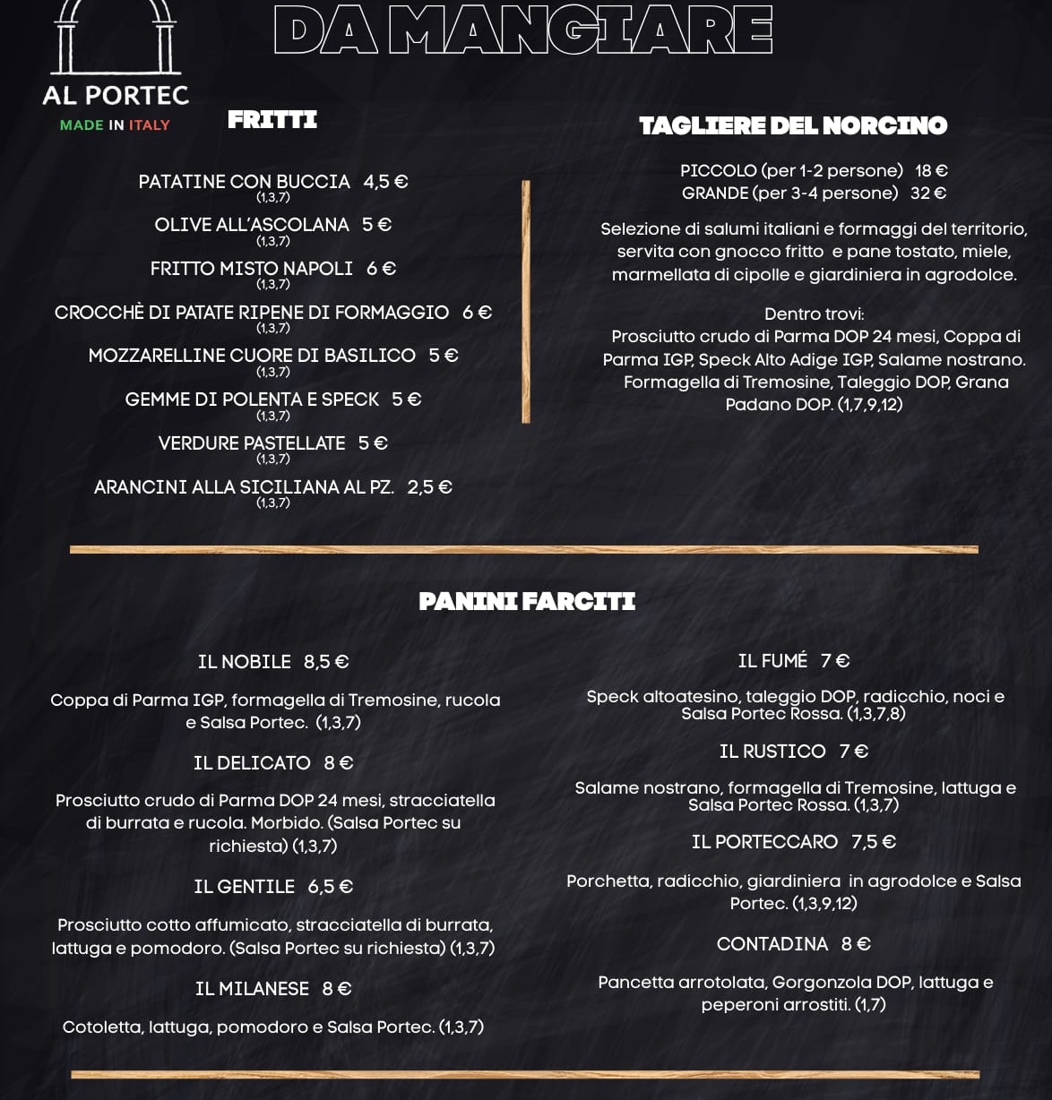 Menu AL PORTEC - sezione panini e piatti zoomata
